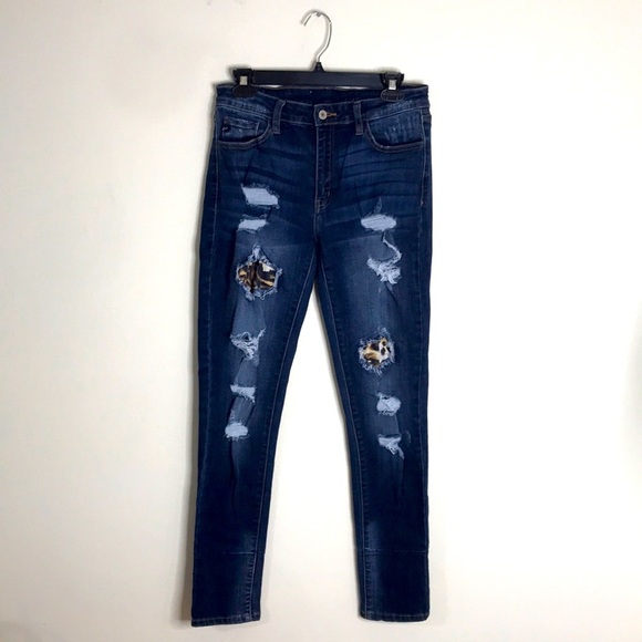 KanCan ladies distressed dark wash denim jeans with leopard patches on areas 29 - Picture 1 of 11